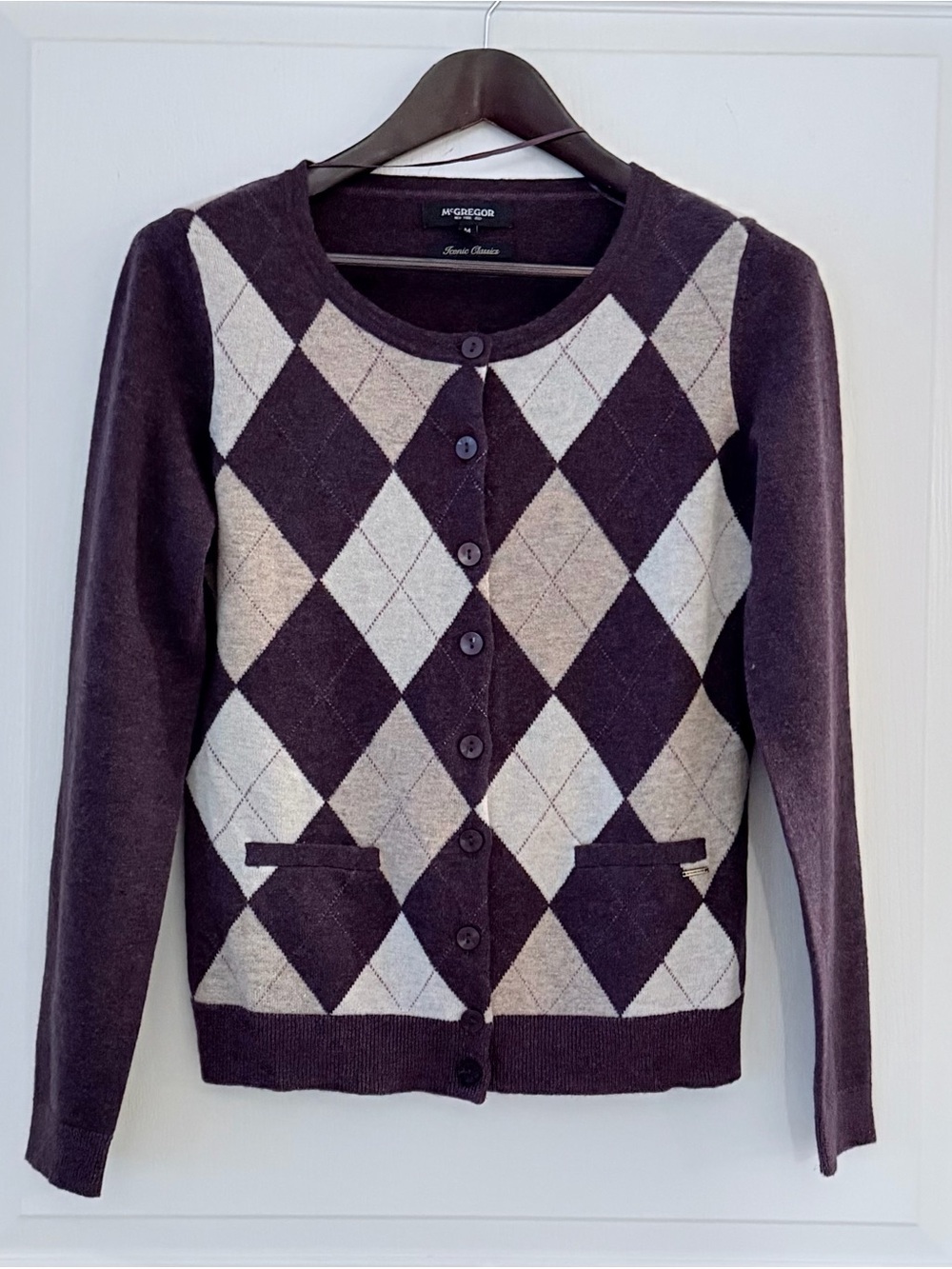 McGregor Women's Wool Purple Argyle Button Cardigan with Cream Diamonds